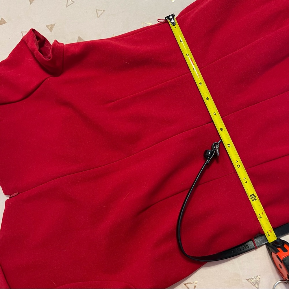 Same Pencil Dress except Red. Jewel neck, Short puff sleeve. - Picture 11 of 14